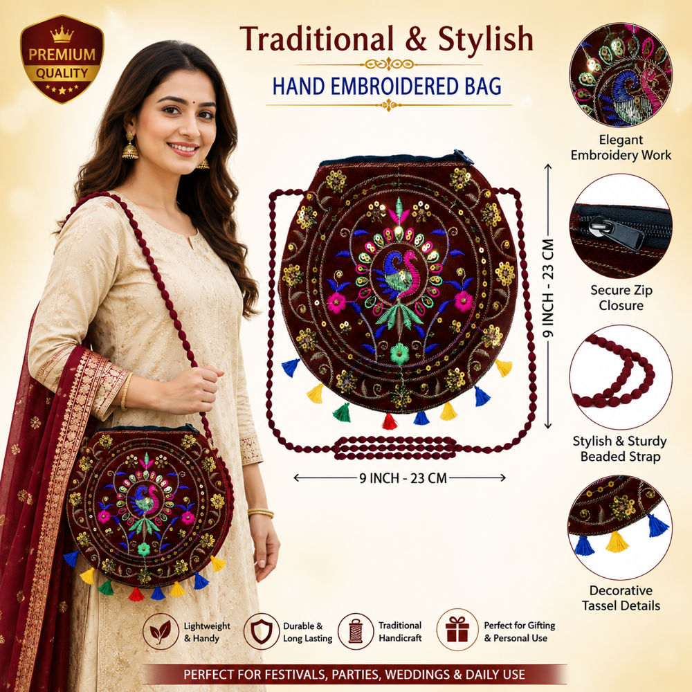 Traditional Tassel Sling Bag For Girls - Color: Maroon
