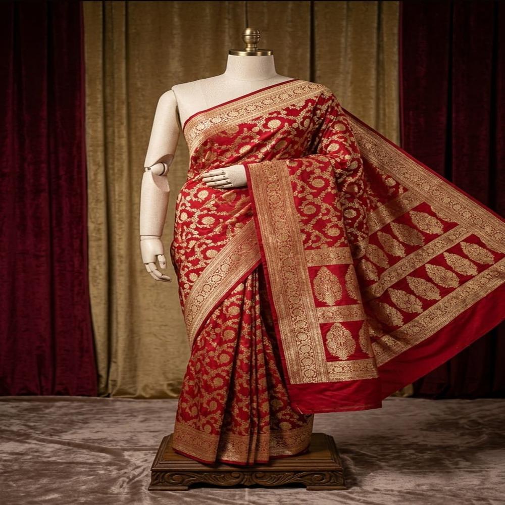 Pure Satin Silk Banarasi Handloom Saree With Heavy Golden Zari Work - Color: Maroon Red