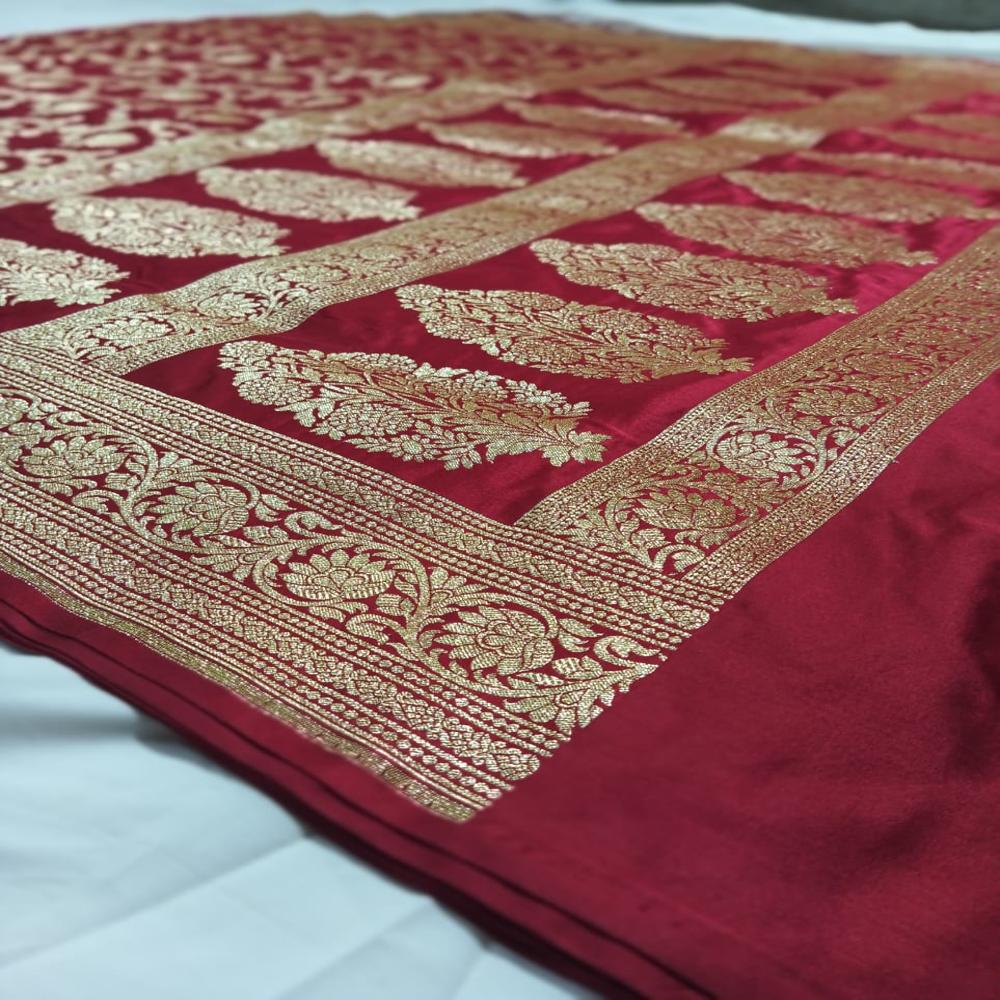 Pure satin silk banarasi handloom saree with  heavy golden zari work