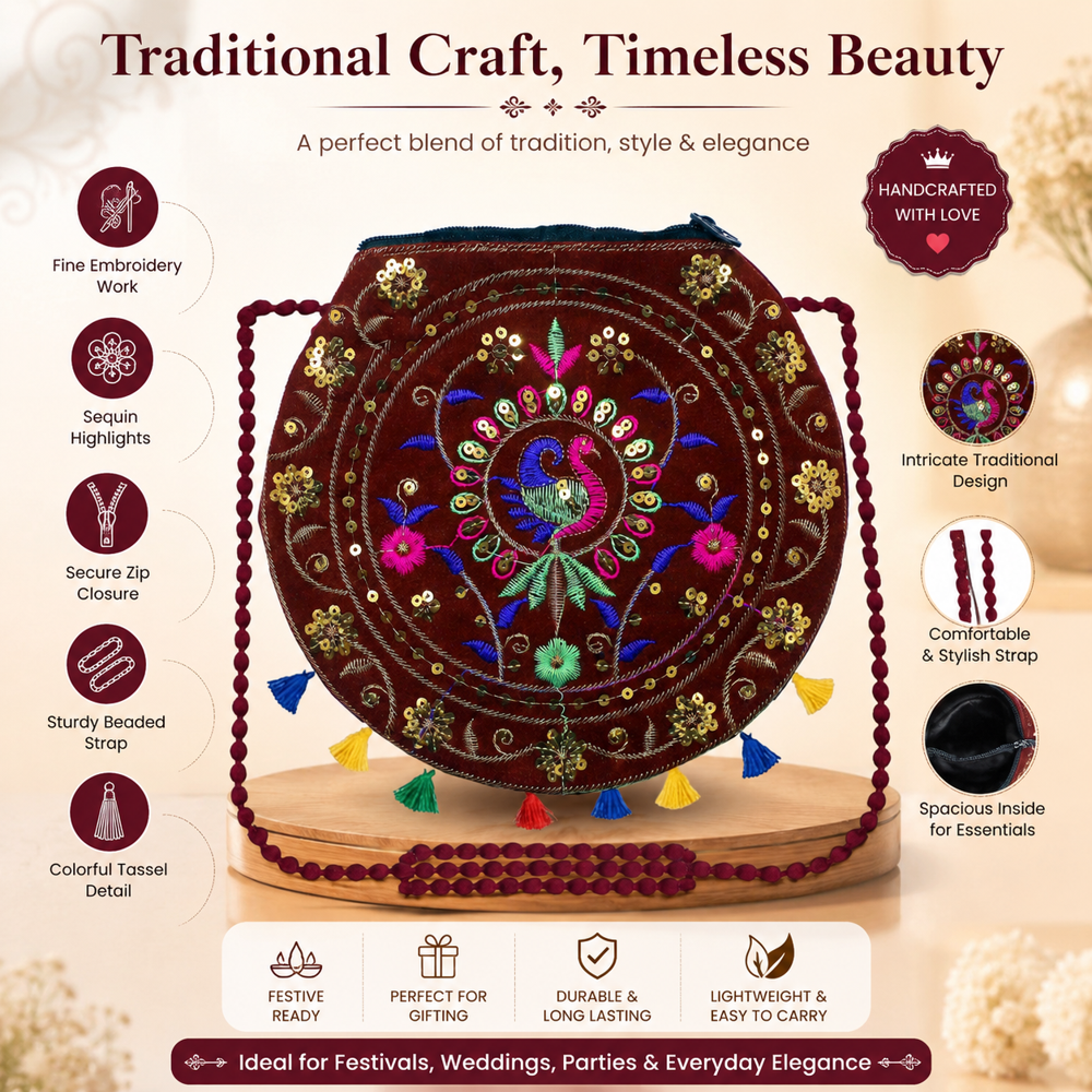 Women Peacock Embroidered Shoulder Purse