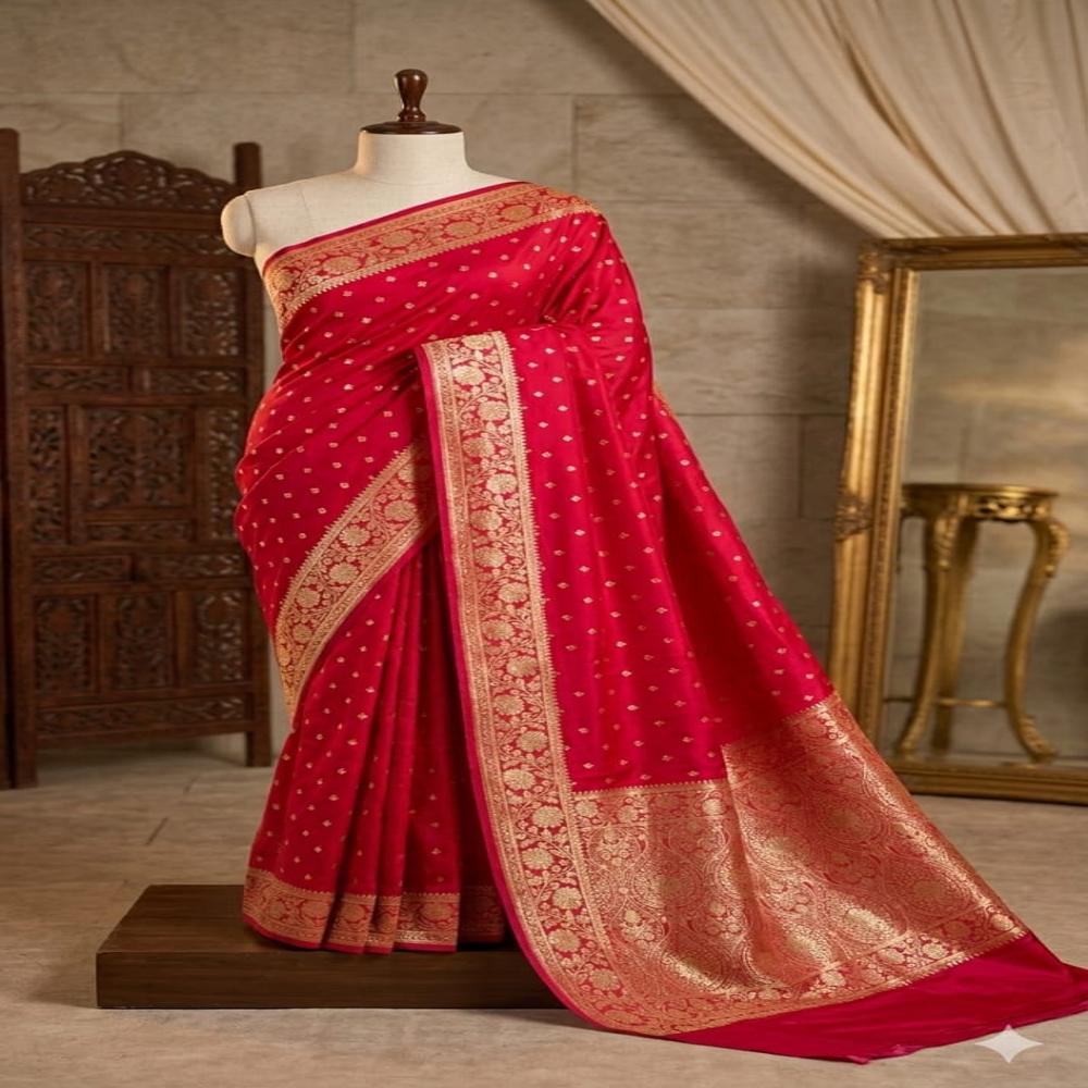 Premium Banarasi Mashru Silk Handloom Saree With Zari Buti Pattern - Color: Red