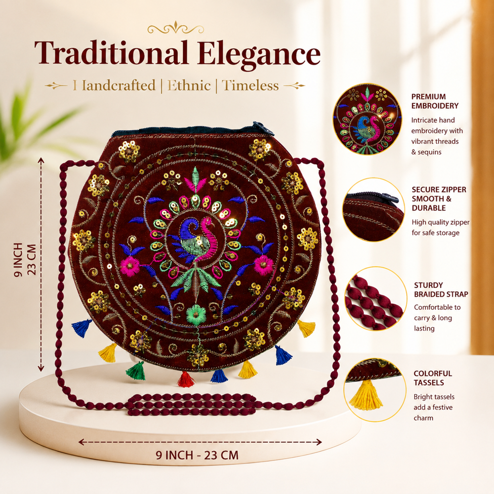 Premium Embroidery Sling Purse For Ladies - Color: Maroon
