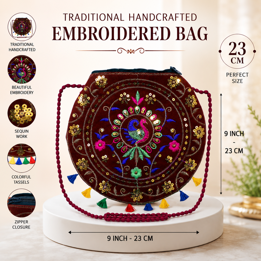 Women Traditional Round Sling Bag - Color: Maroon