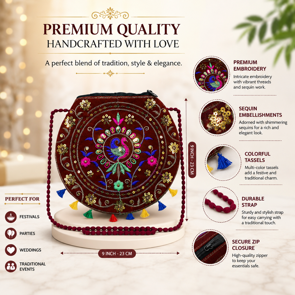 Peacock Handwork Sling Bag For Women - Color: Maroon