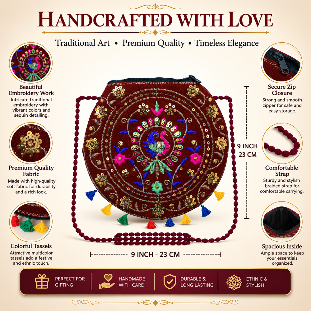 Women Round Embroidery Sling Purse