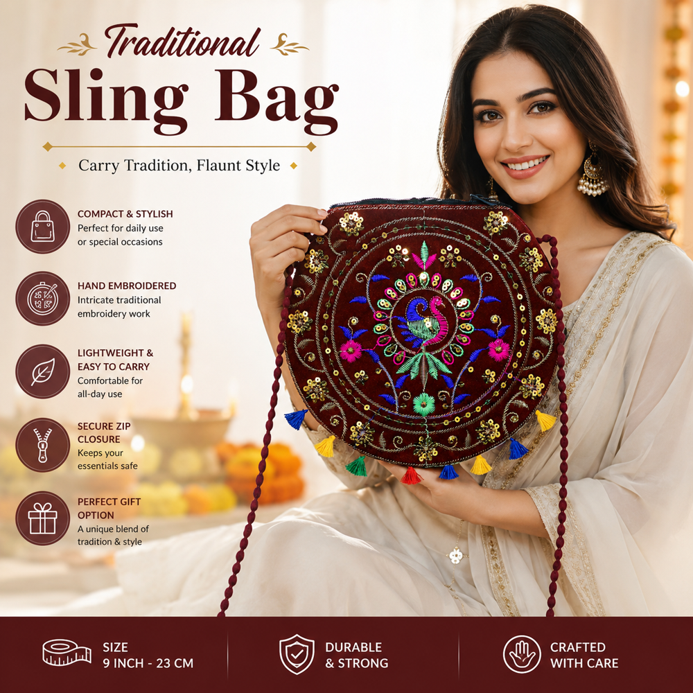 Peacock Work Sling Purse for Women