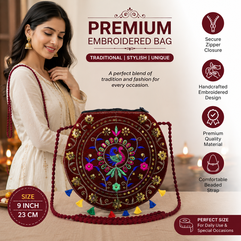 Maroon Ethnic Round Sling Bag