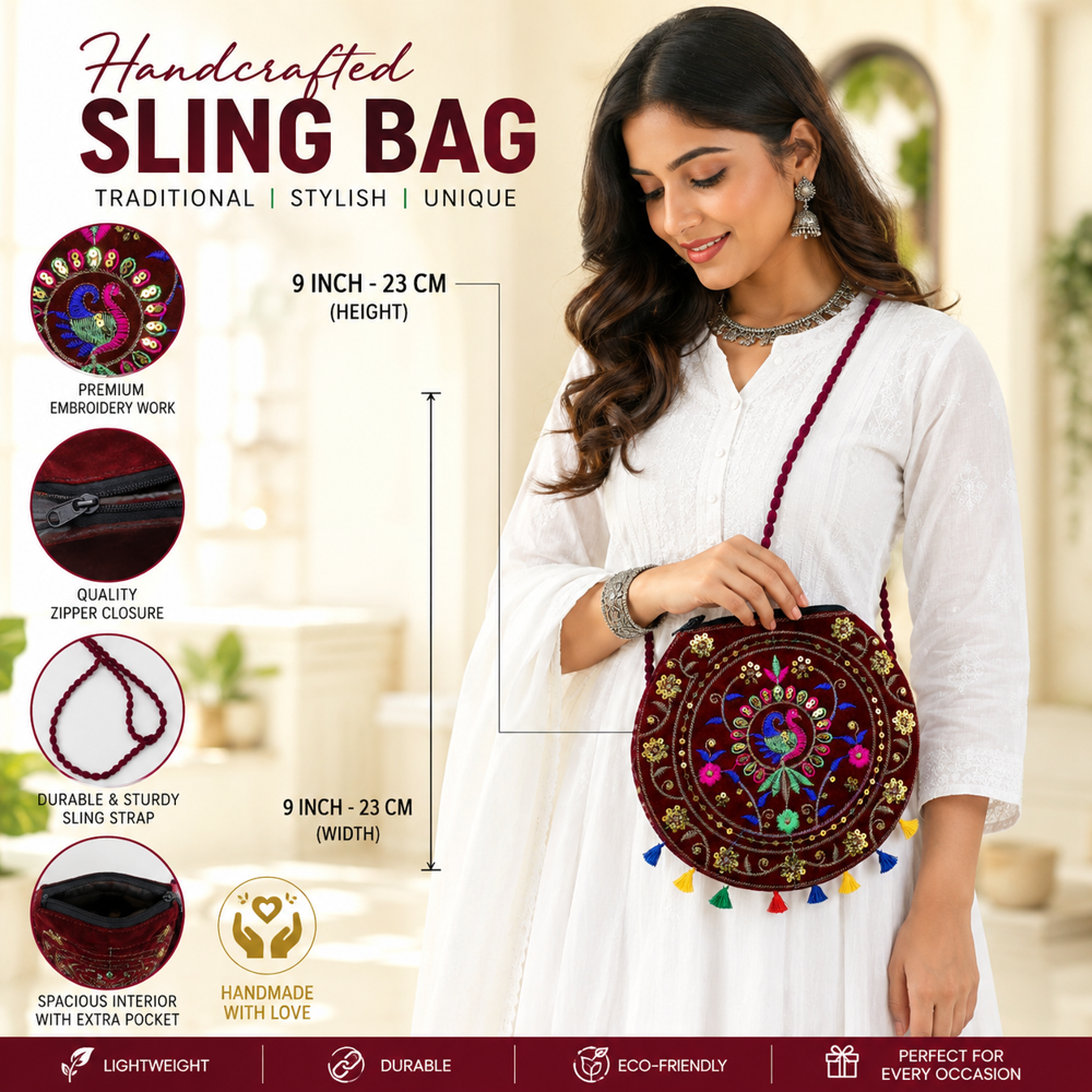 Maroon Ethnic Round Sling Bag