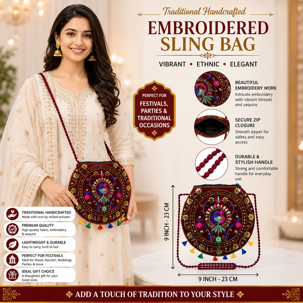 Maroon Ethnic Round Sling Bag