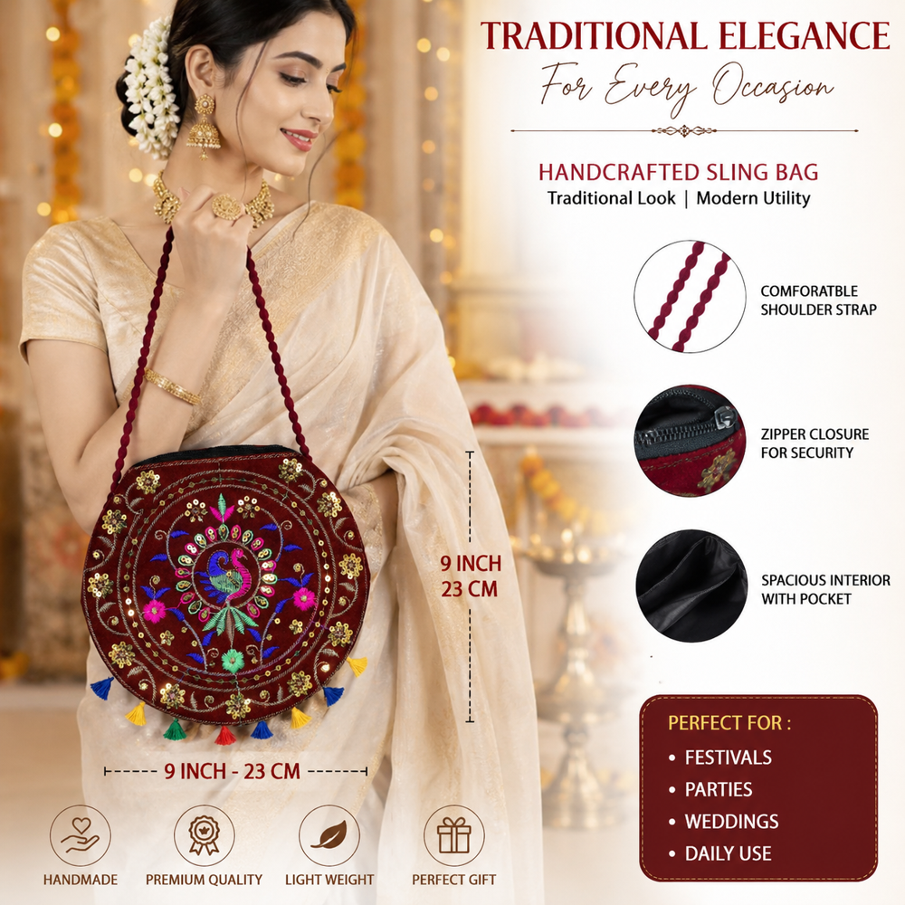 Ethnic Round Embroidery Shoulder Purse