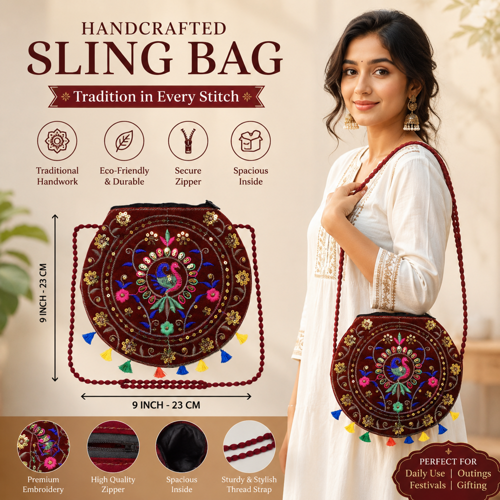 Handmade Embroidery Sling Purse for Girls