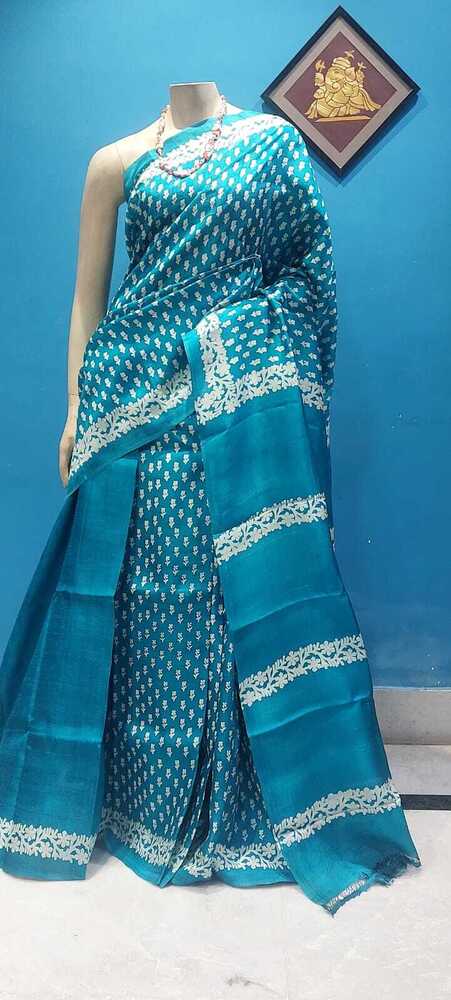 Sky Blue Silk Block Printed Saree