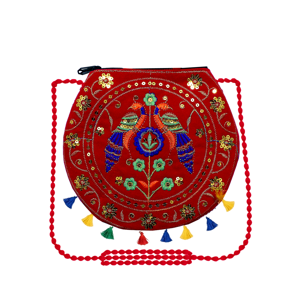Women Red Embroidered Sling Bag With Tassel Work - Design: Traditional
