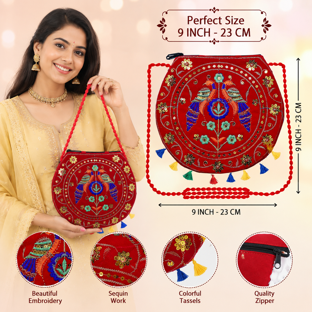 Women Red Embroidered Sling Bag with Tassel Work