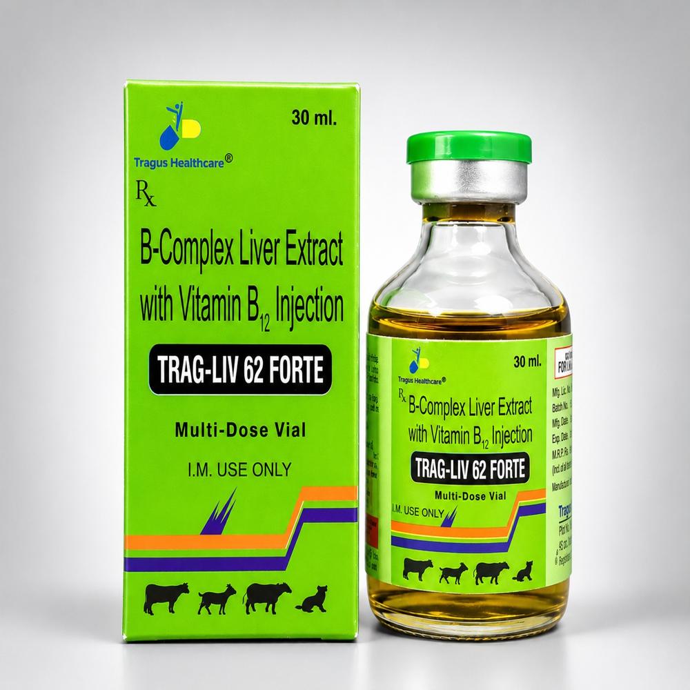 Trag-Liv Forte - 30 Ml / Thiamine Hydrochloride 10 Mg + Riboflavine 3 Mg + Niacinamide 100 Mg + Vitamin B12 (Cyanocobalamin) 110 Mcg + Liver Injection Crude 0.66 Ml - Ingredients: Chemicals