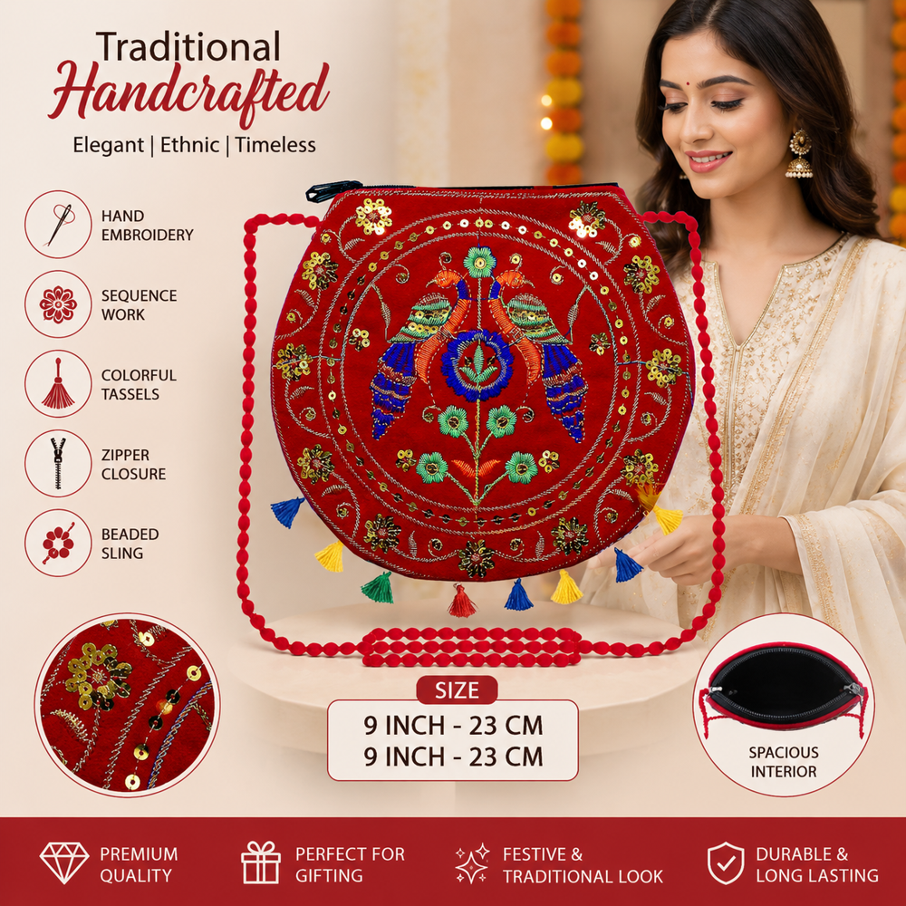 Designer Embroidery Sling Bag With Shoulder Strap - Color: Red