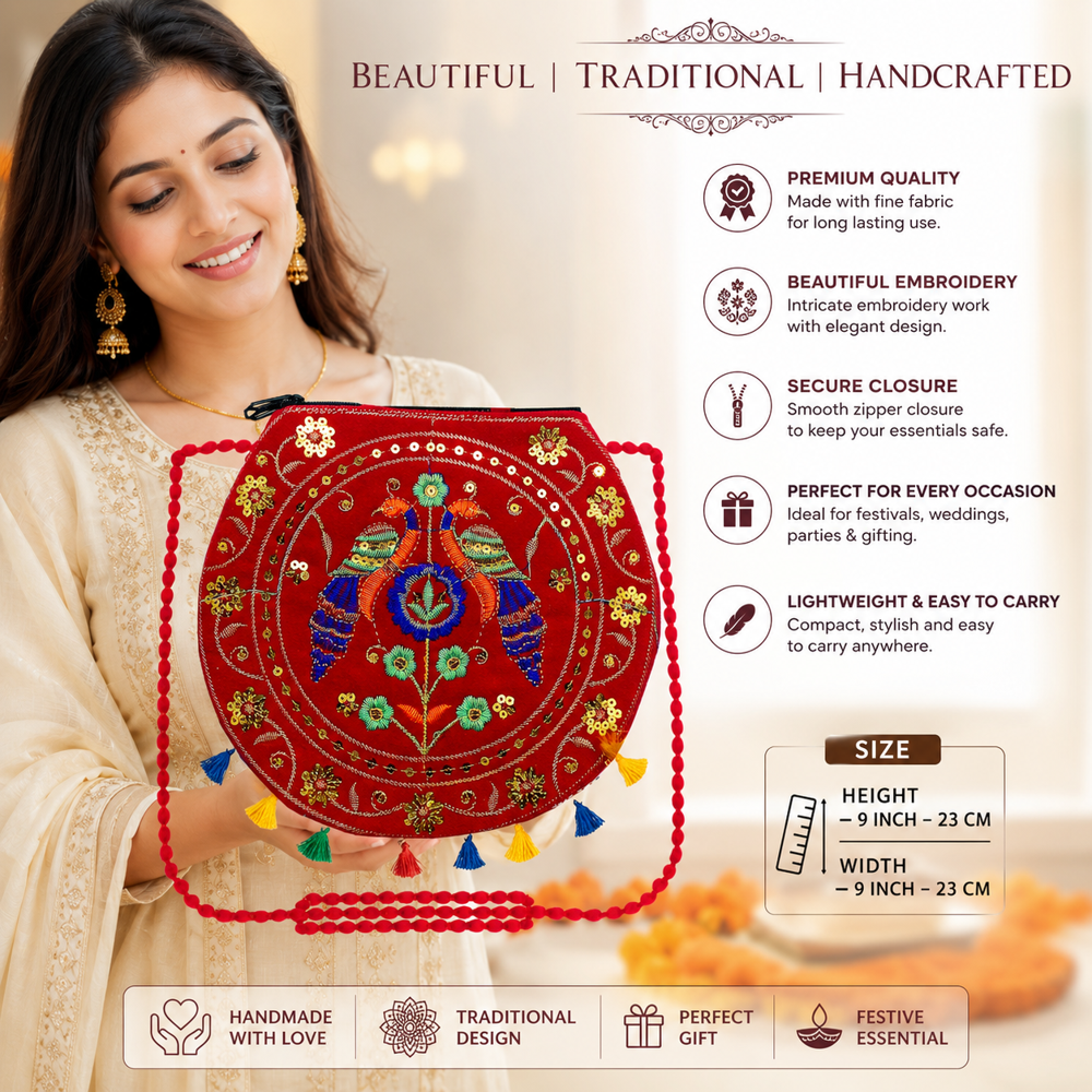 Ethnic Embroidered Shoulder Sling Bag For Women - Color: Red