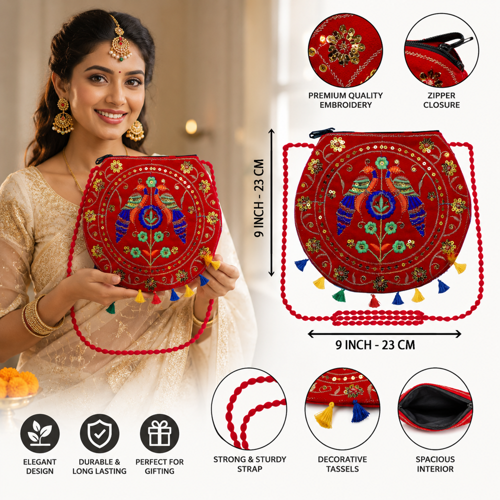 Women Red Embroidery Shoulder Bag With Long Strap - Design: Traditional