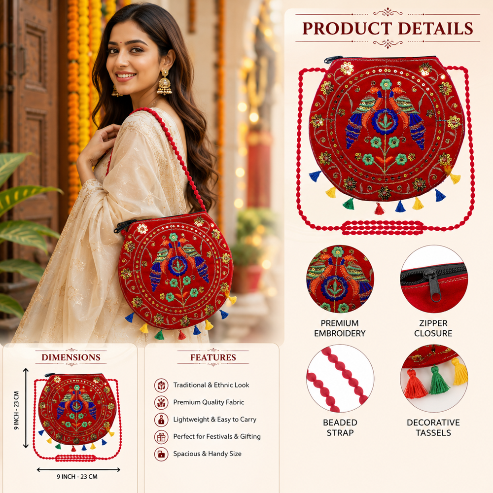 Traditional Peacock Embroidered Sling Bag For Women - Color: Red