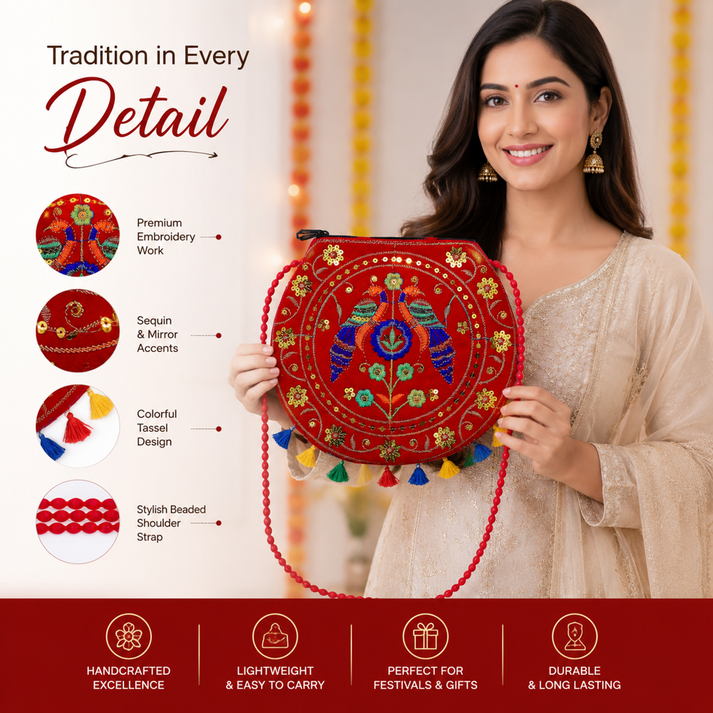 Red Designer Sling Bag With Premium Embroidery Work - Design: Traditional