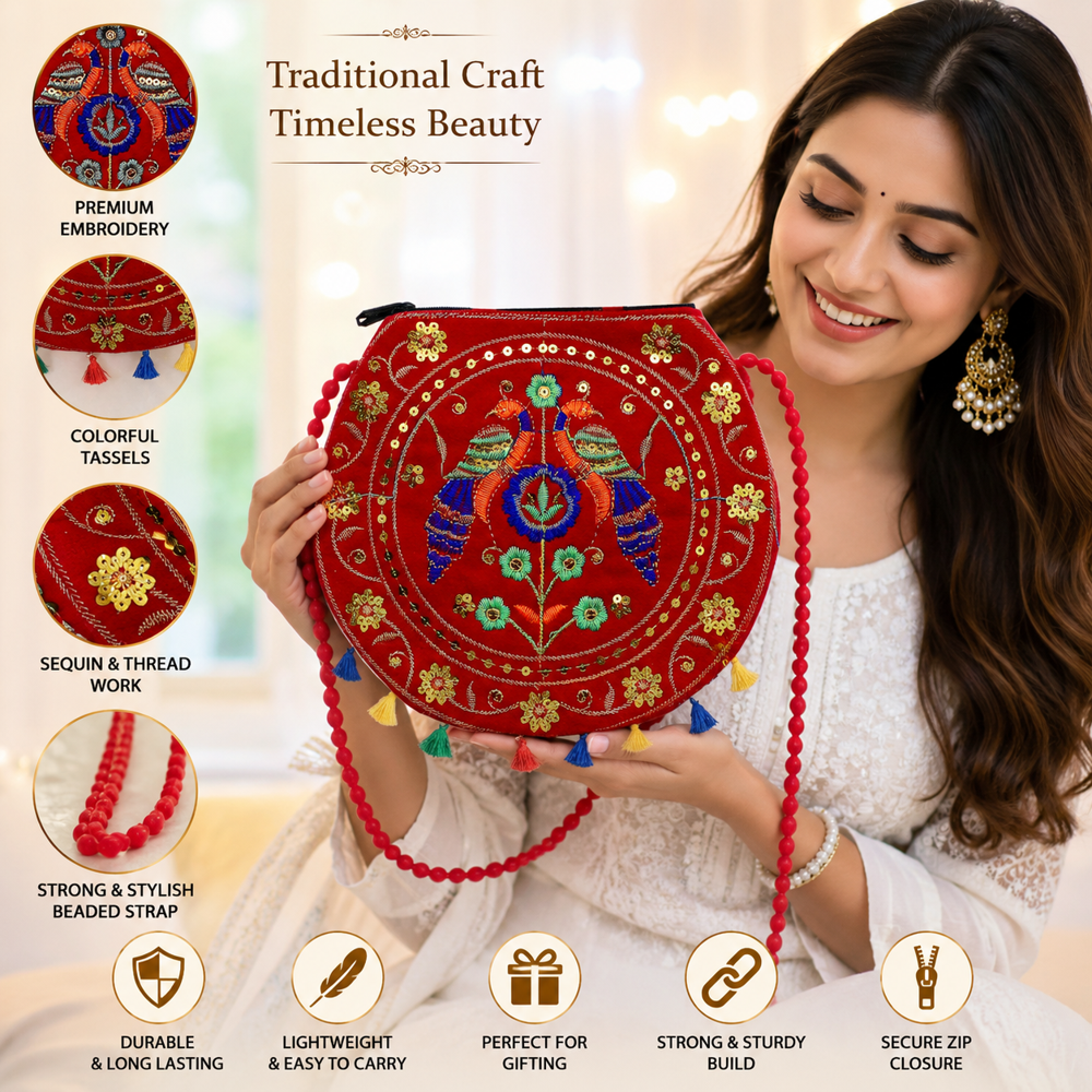 Women Festive Red Sling Bag With Sequin Embroidery - Design: Traditional