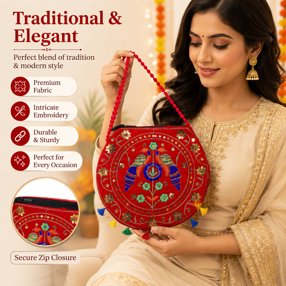 Women Embroidered Red Sling Bag For Festive Wear - Design: Traditional