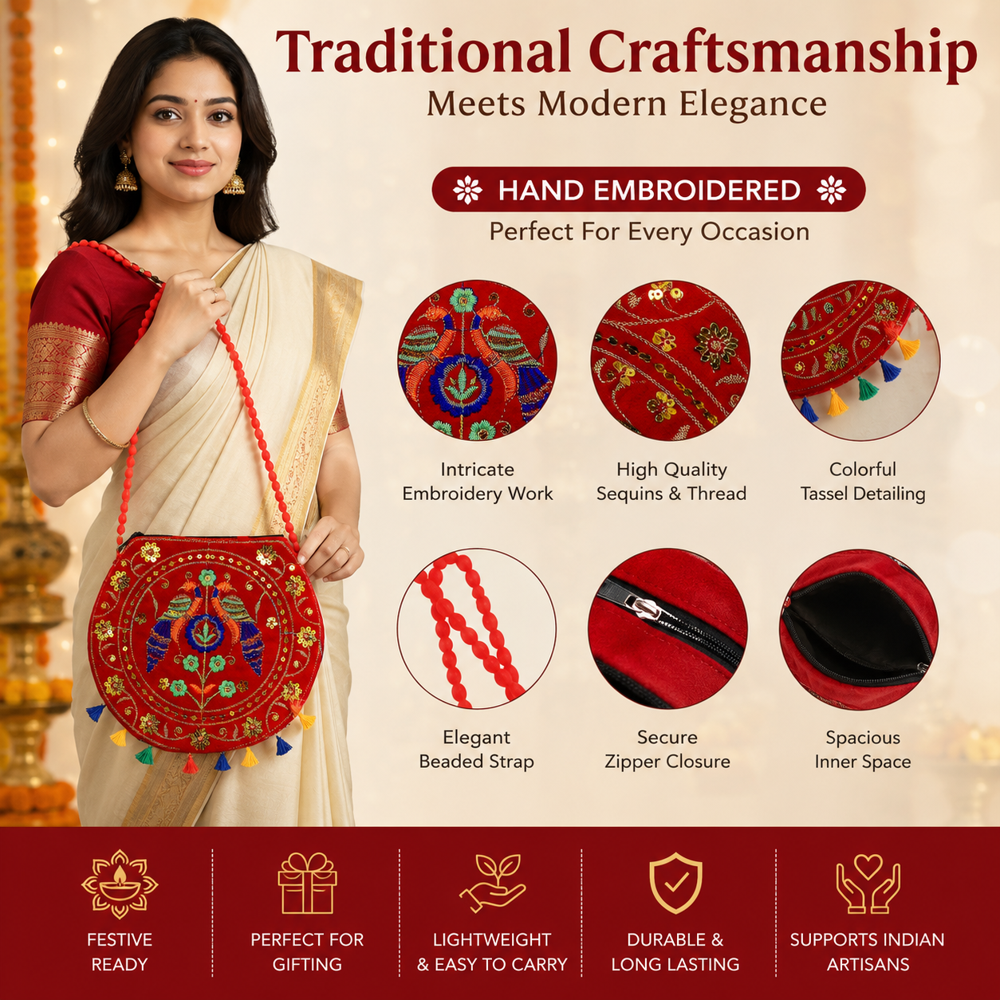 Women Embroidered Red Sling Bag for Festive Wear