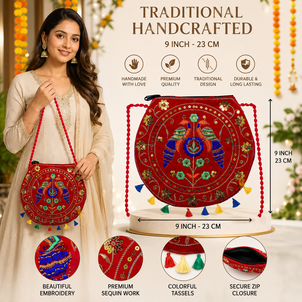 Red Ethnic Embroidery Sling Purse for Women