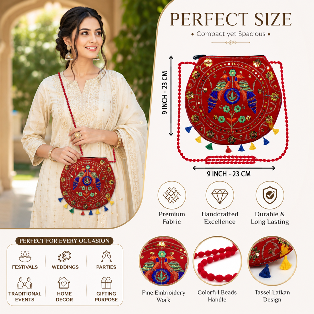 Red Peacock Design Sling Bag For Women & Girls - Design: Traditional