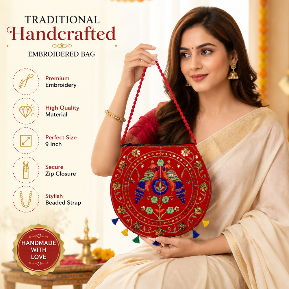 Red Peacock Design Sling Bag for Women & Girls