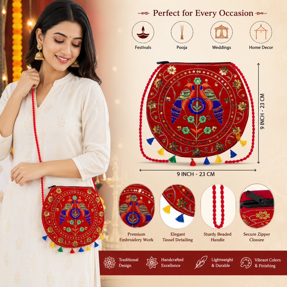 Women Ethnic Sling Bag With Colorful Embroidery - Color: Red