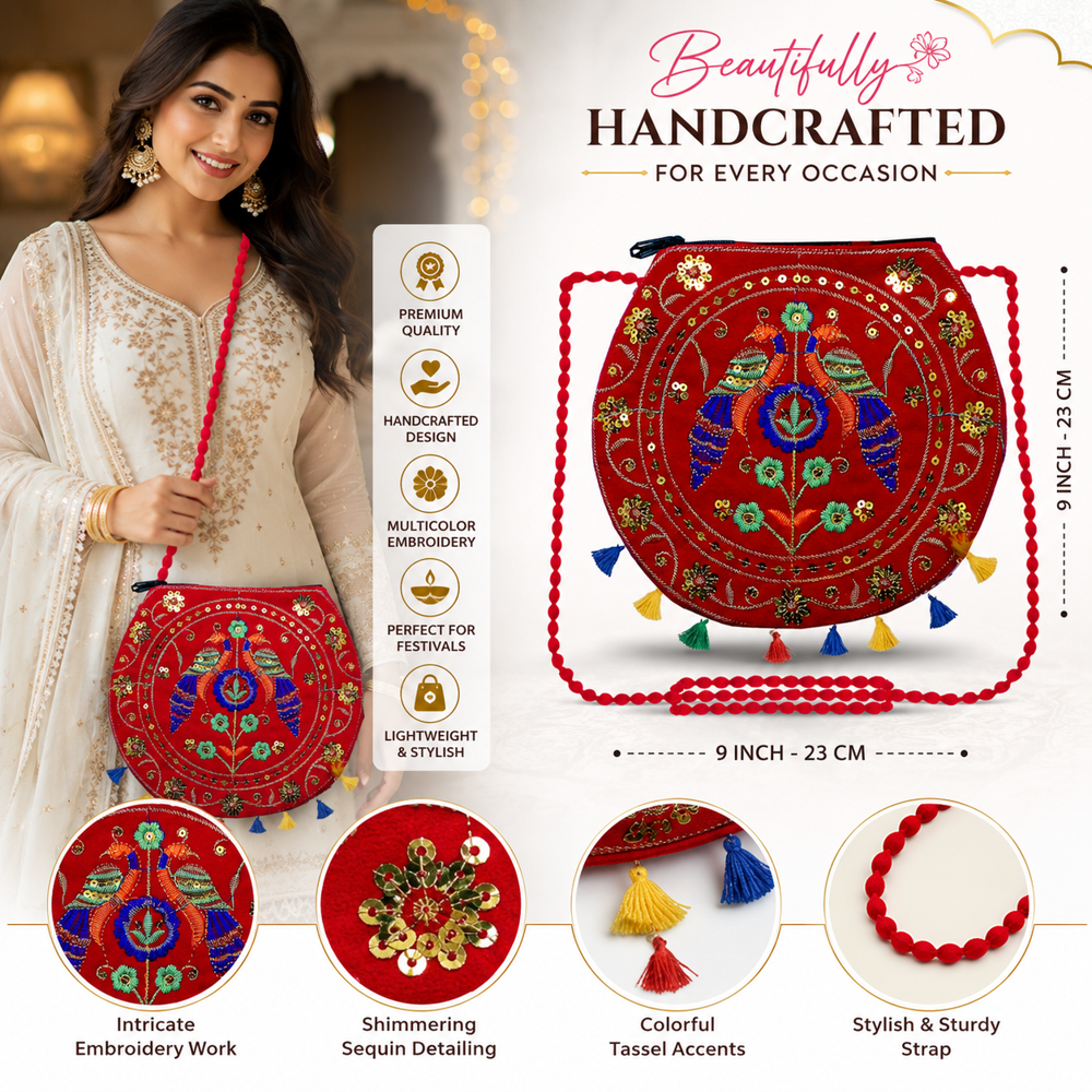 Designer Red Embroidered Sling Purse for Women