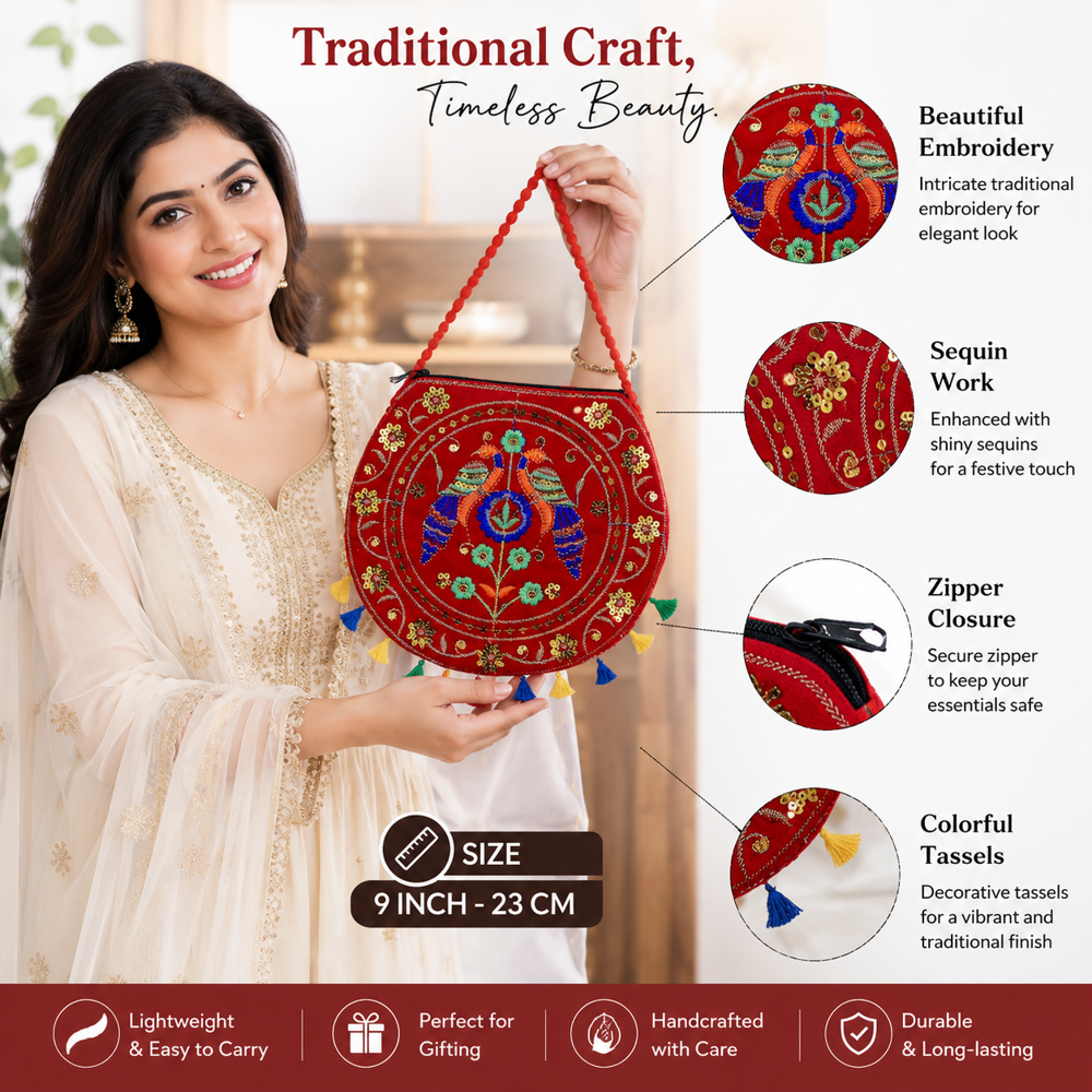 Red Hand Embroidery Shoulder Bag For Women - Design: Traditional