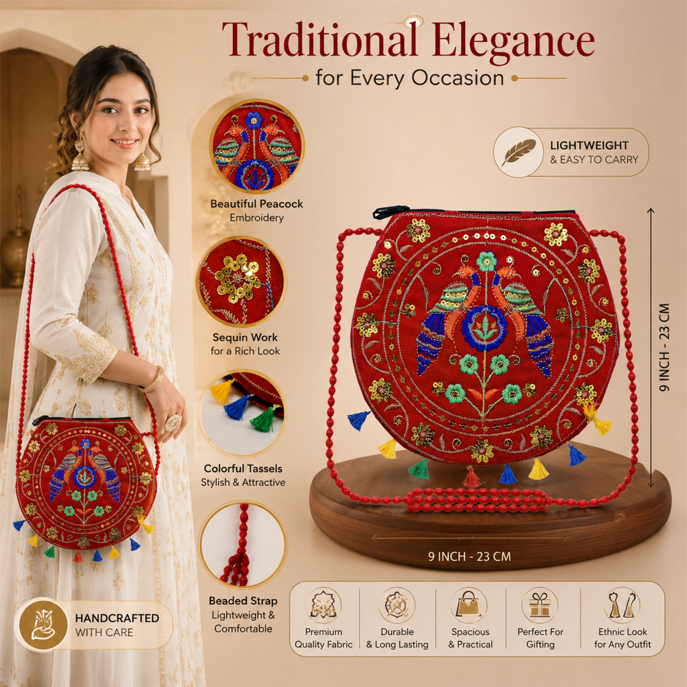 Red Traditional Sling Bag With Peacock Embroidery - Gender: Women