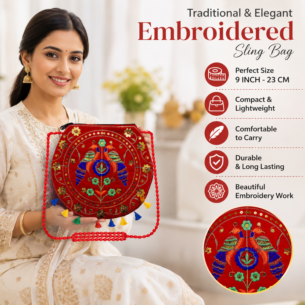 Red Traditional Sling Bag with Peacock Embroidery