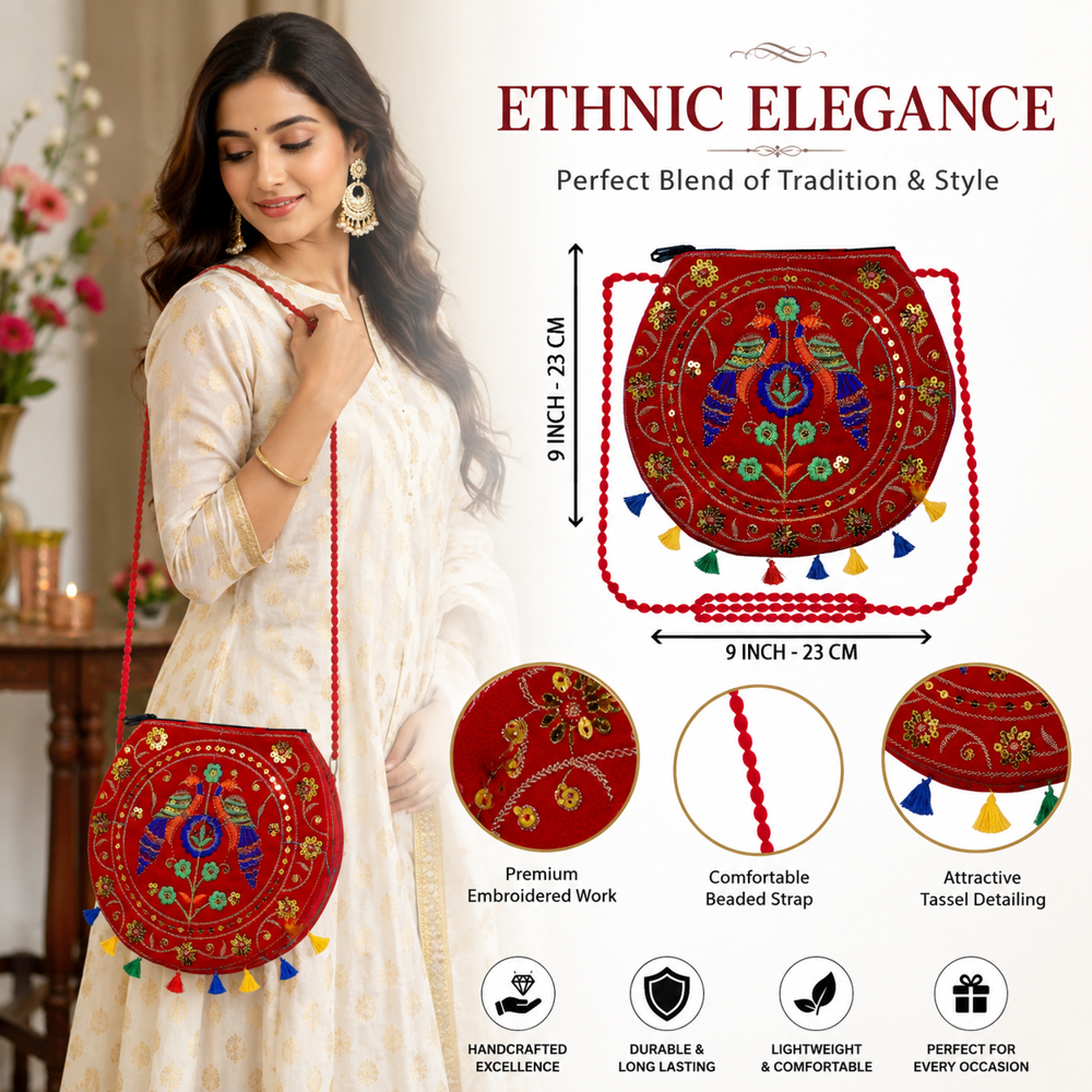 Women Red Ethnic Shoulder Bag With Tassel Detailing - Design: Traditional