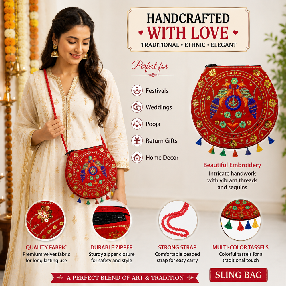 Red Embroidery Crossbody Bag for Women & Girls