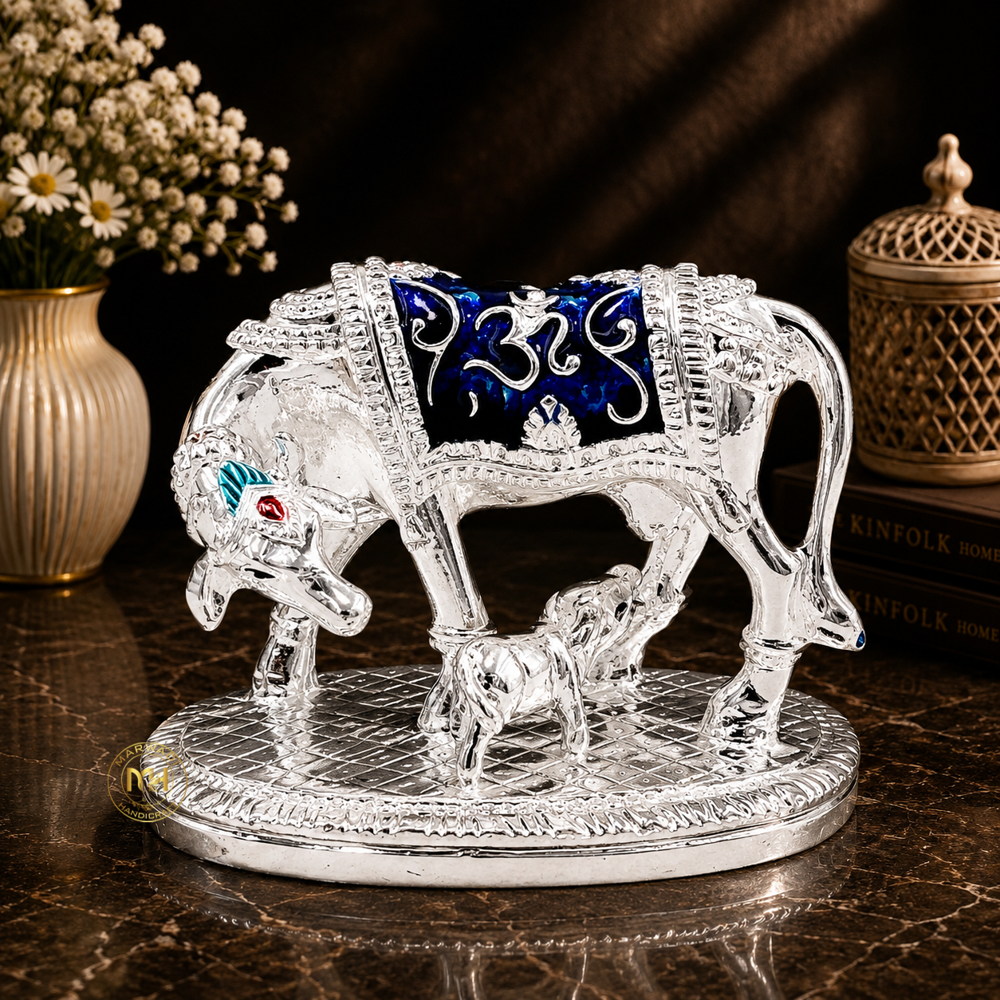 Premium Silver Plated with meena Cow with Calf Statue for Home Temple, Pooja & Gifting