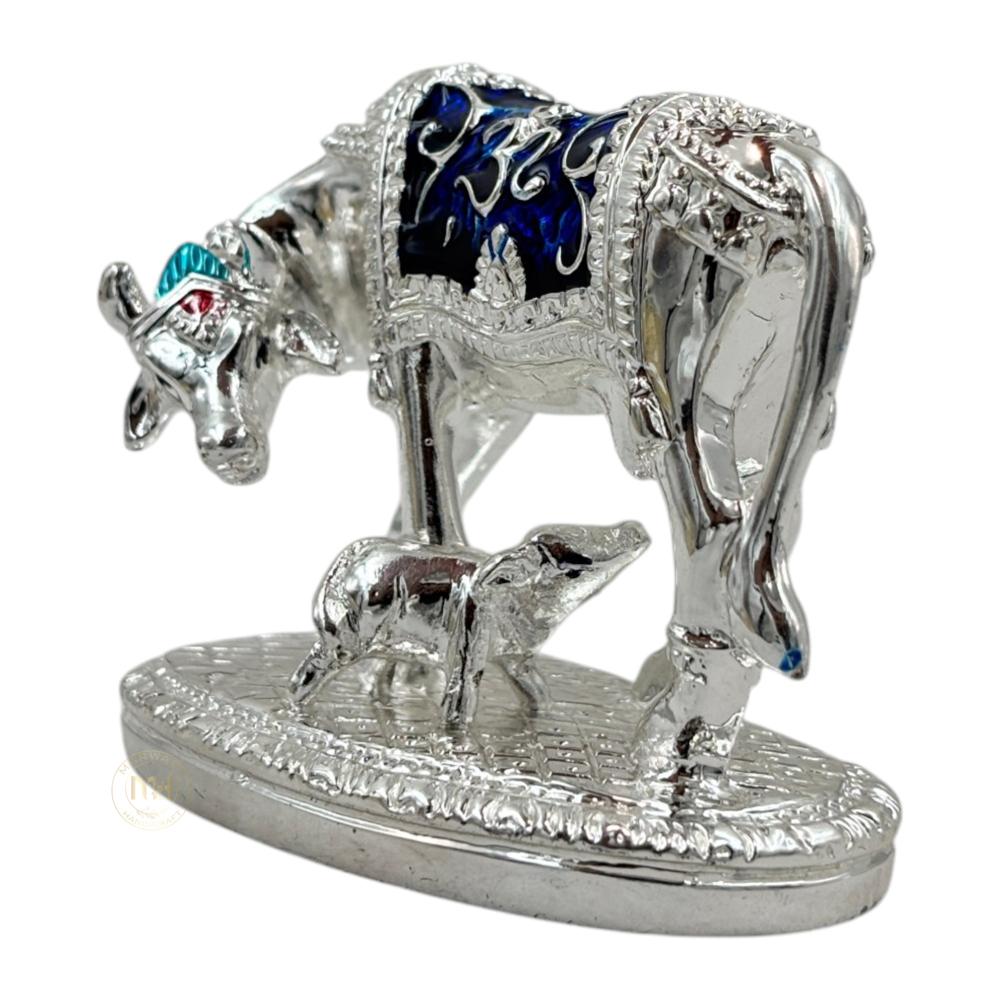Premium Silver Plated with meena Cow with Calf Statue for Home Temple, Pooja & Gifting