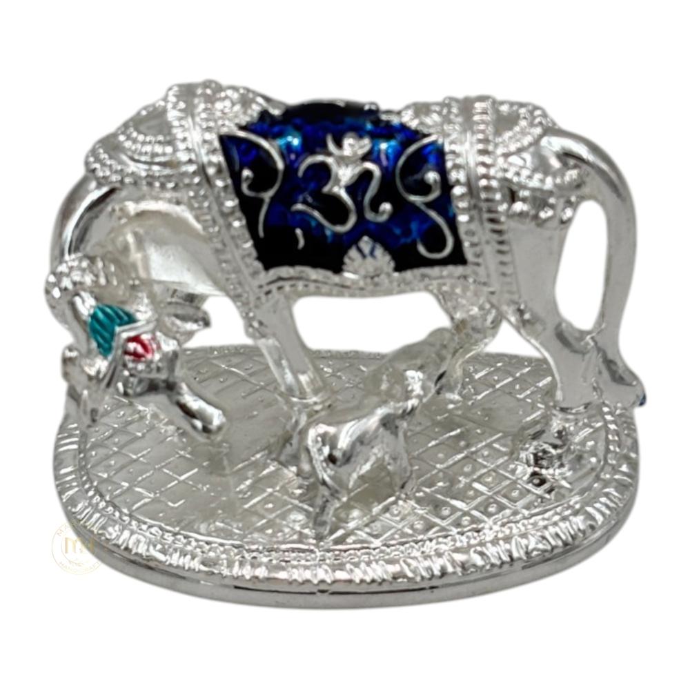 Premium Silver Plated with meena Cow with Calf Statue for Home Temple, Pooja & Gifting