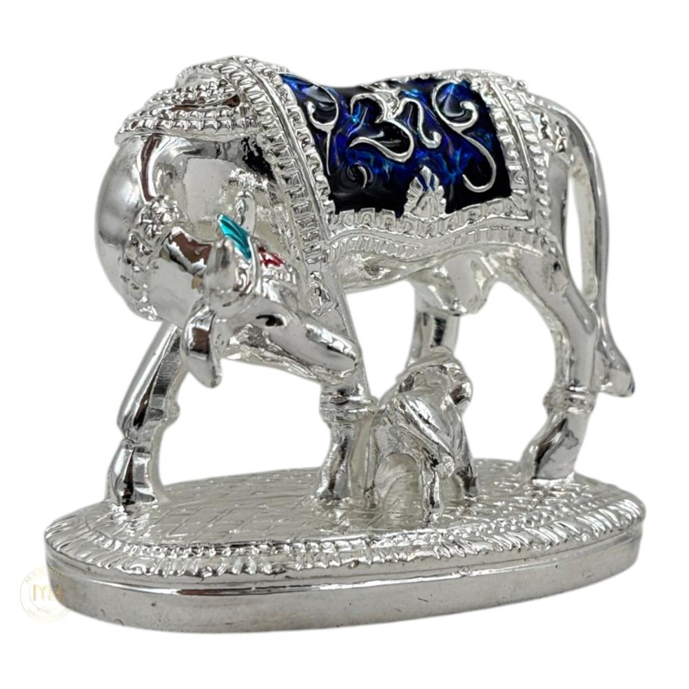 Premium Silver Plated with meena Cow with Calf Statue for Home Temple, Pooja & Gifting