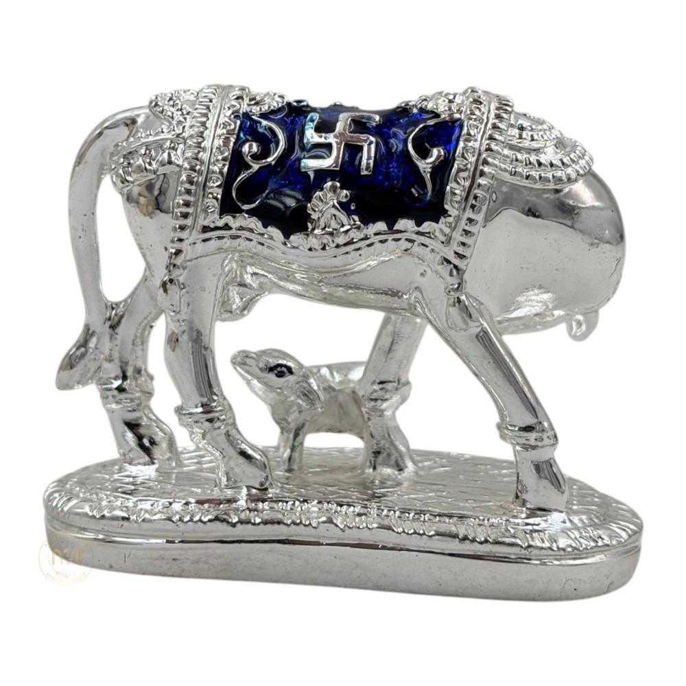 Premium Silver Plated with meena Cow with Calf Statue for Home Temple, Pooja & Gifting