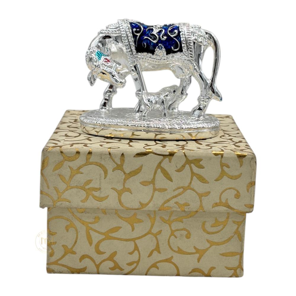 Premium Silver Plated with meena Cow with Calf Statue for Home Temple, Pooja & Gifting
