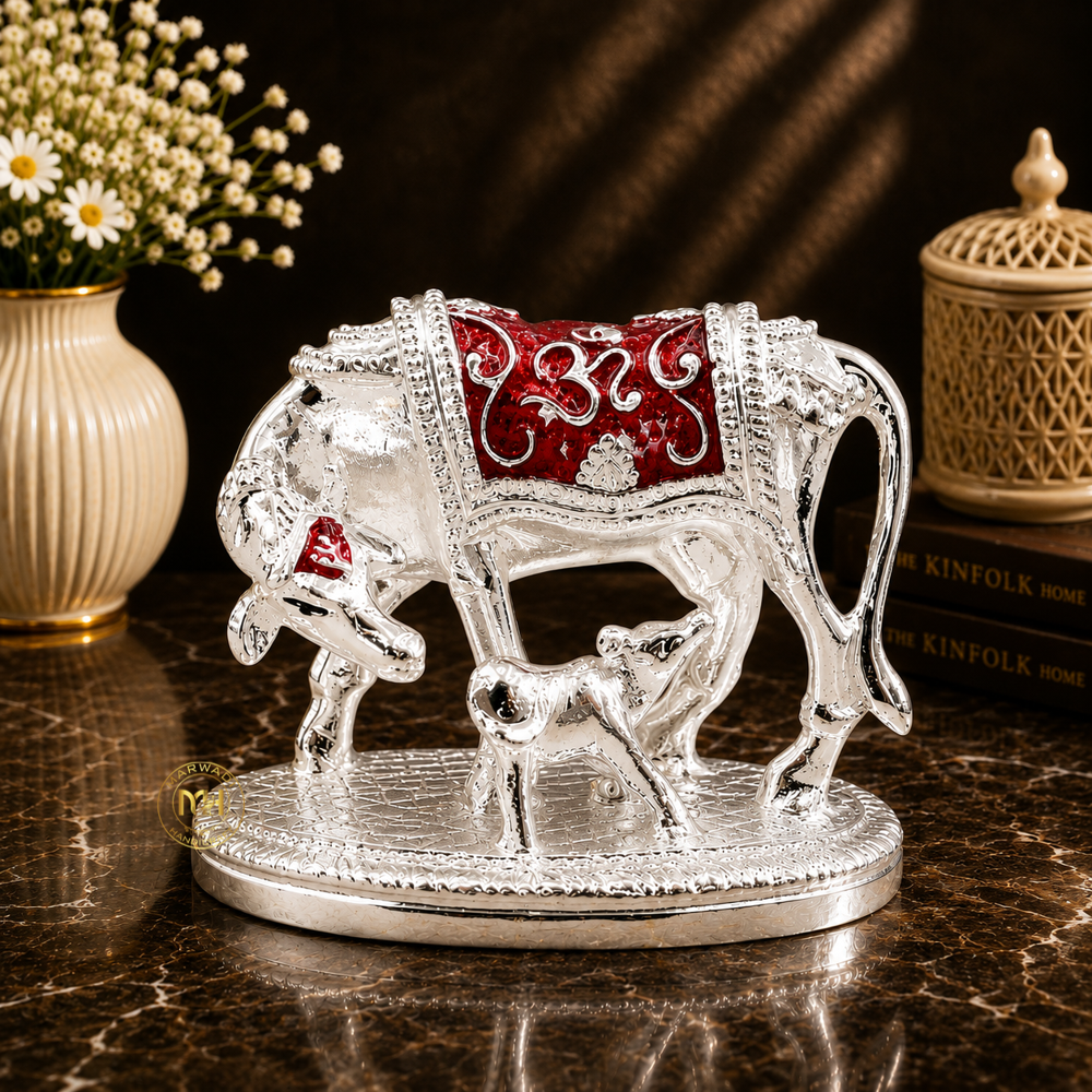 Premium Silver Plated with meena Kamdhenu Cow with Calf Statue for Home Temple, Pooja & Gifting