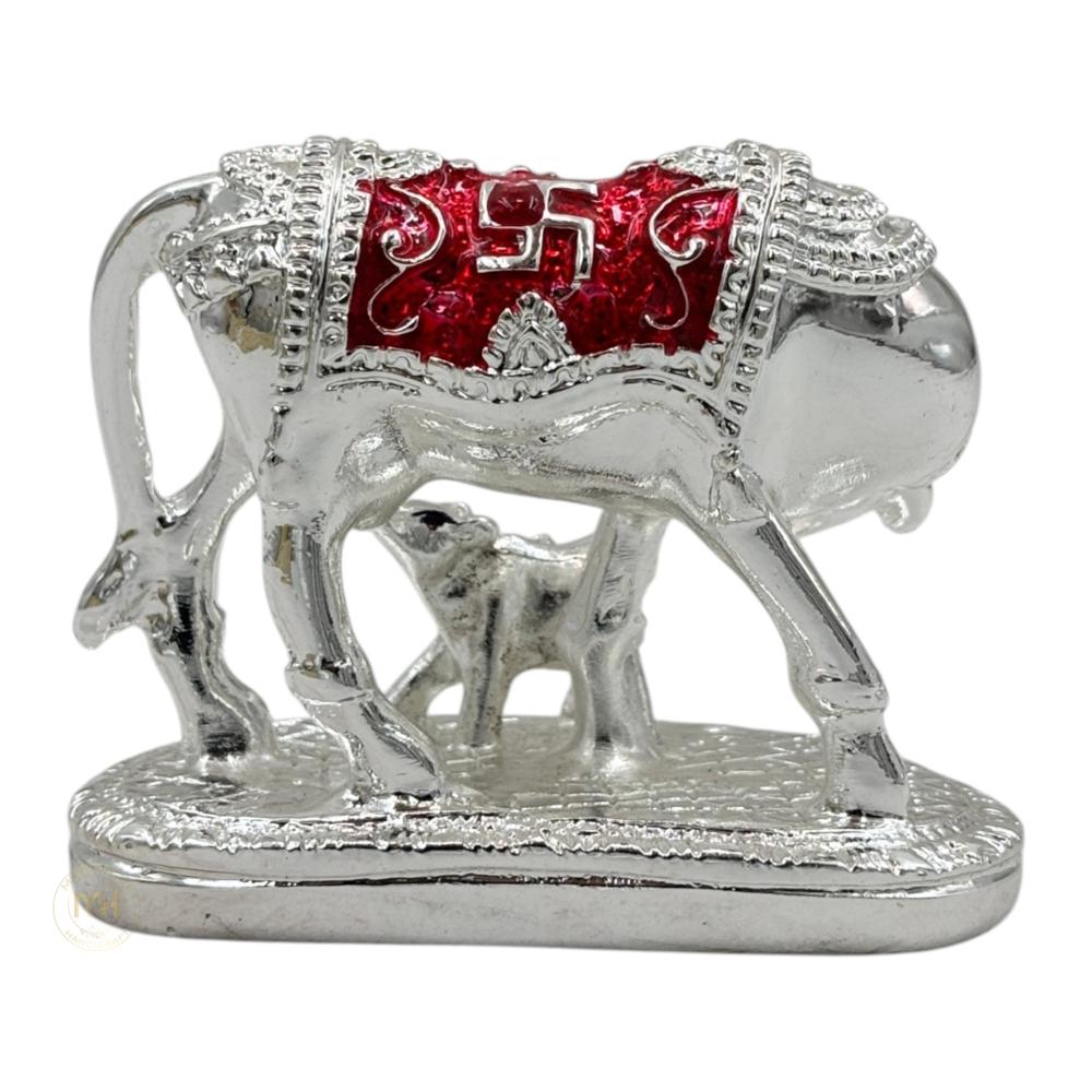 Premium Silver Plated with meena Kamdhenu Cow with Calf Statue for Home Temple, Pooja & Gifting