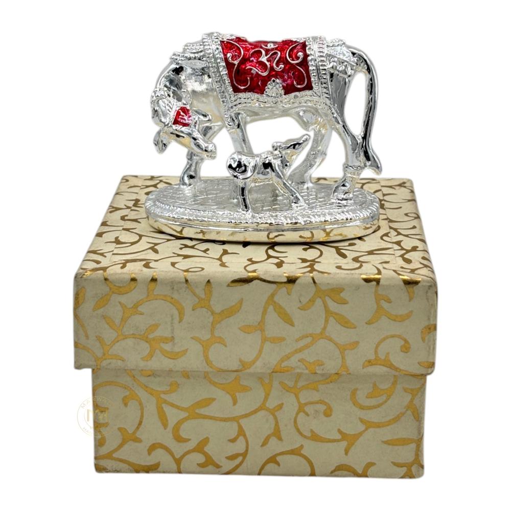 Premium Silver Plated with meena Kamdhenu Cow with Calf Statue for Home Temple, Pooja & Gifting