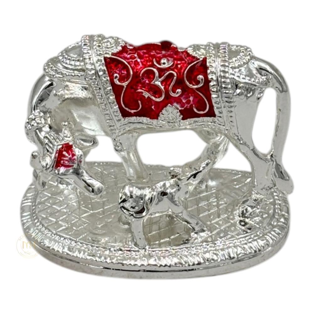 Premium Silver Plated with meena Kamdhenu Cow with Calf Statue for Home Temple, Pooja & Gifting