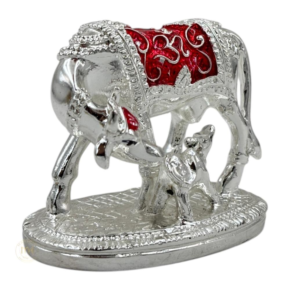 Premium Silver Plated with meena Kamdhenu Cow with Calf Statue for Home Temple, Pooja & Gifting
