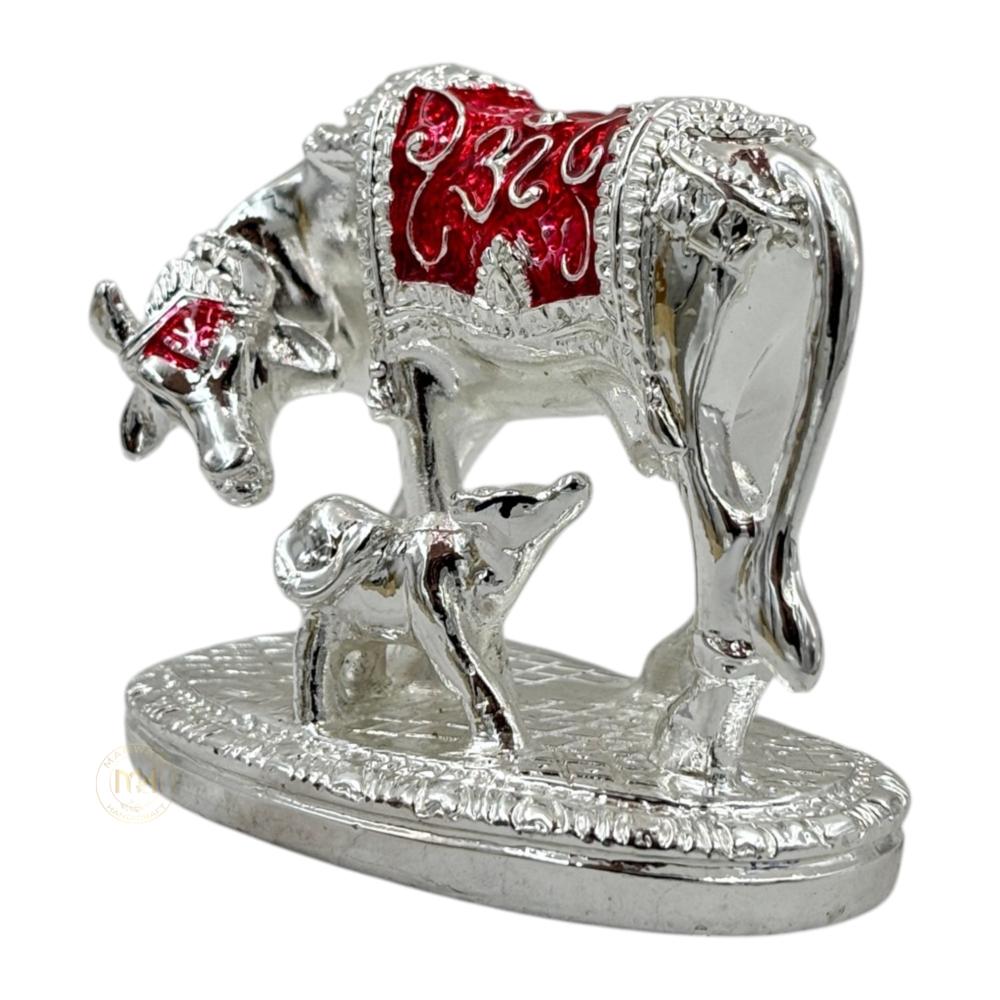 Premium Silver Plated with meena Kamdhenu Cow with Calf Statue for Home Temple, Pooja & Gifting