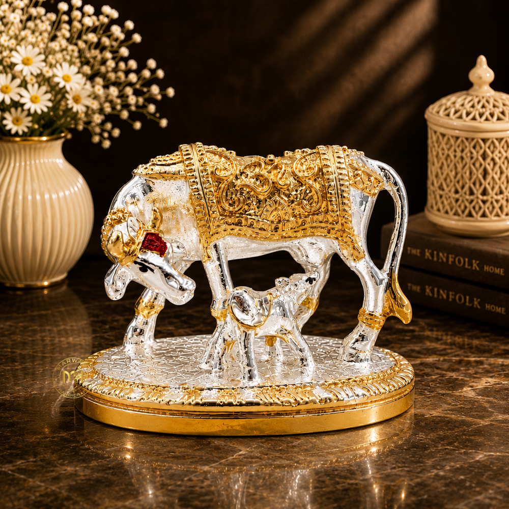 Premium Silver Plated Kamdhenu Cow with Calf Statue for Home Temple Pooja & Gifting